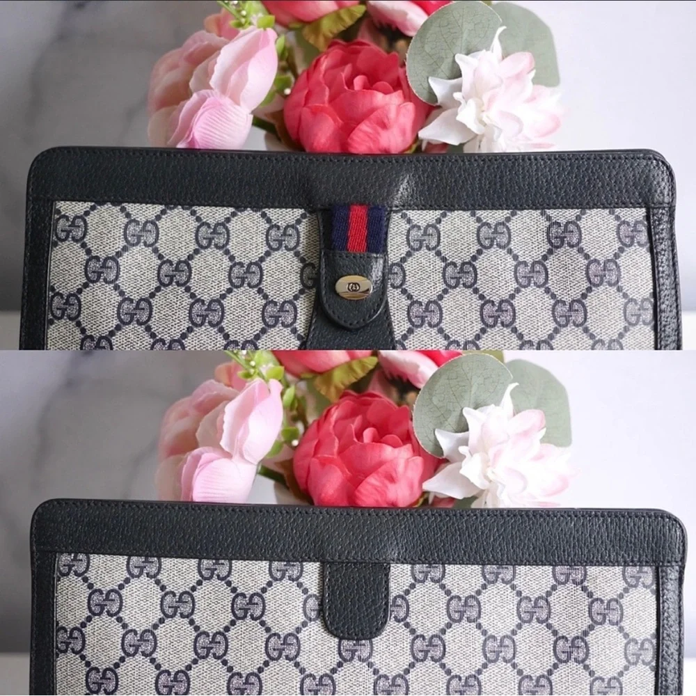 Gucci Beige Navy Monogram Canvas Leather Clutch